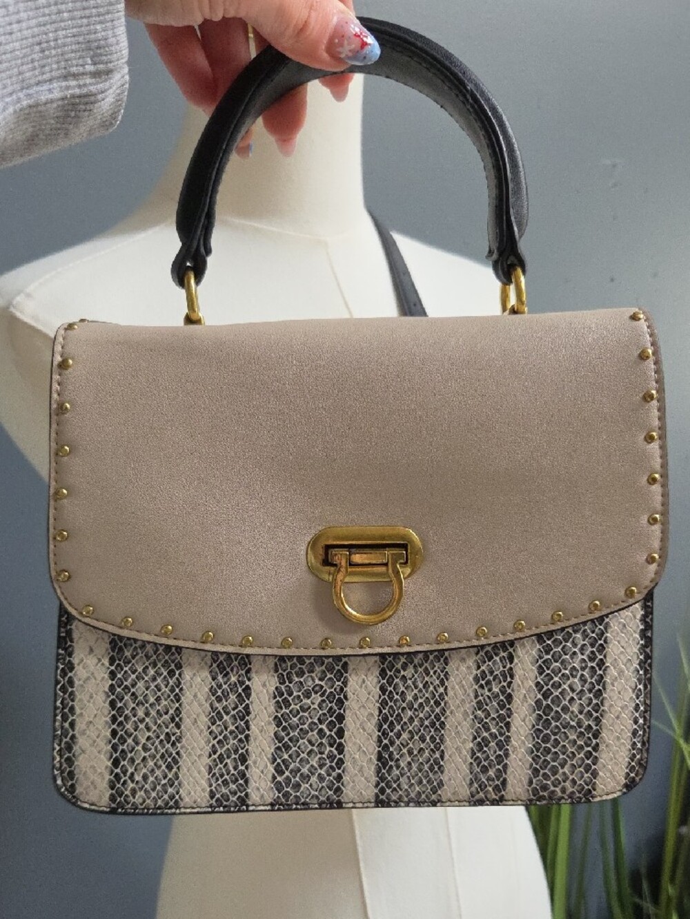 Beige and Black Top-Handle Satchel with Removable Gold Chain Strap - Picture 8 of 9